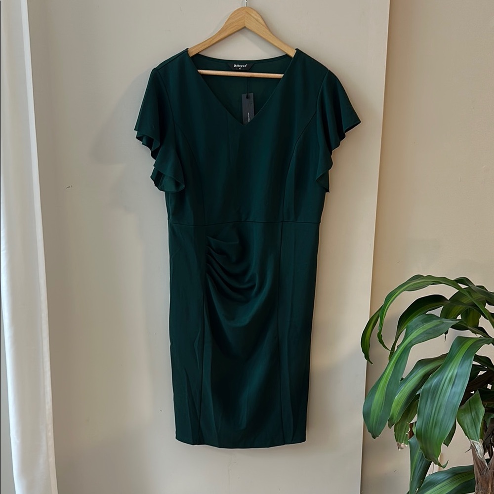 Allegra K Women's Green Sheath Dress with Flutter Sleeves V Neck Size XL